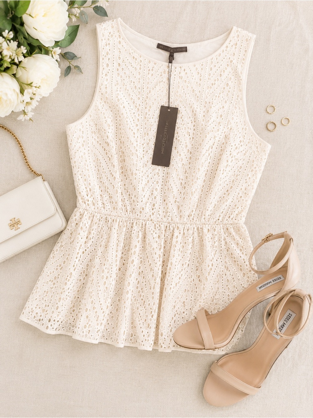 Halston Heritage Cream White Eyelet Peplum Tank Top Size 10 Spring Summer Wear